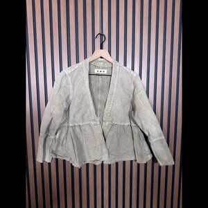 AMO Jacket Small Women Gray Green Military Flounce Coat Frayed Soft Linen Cotton